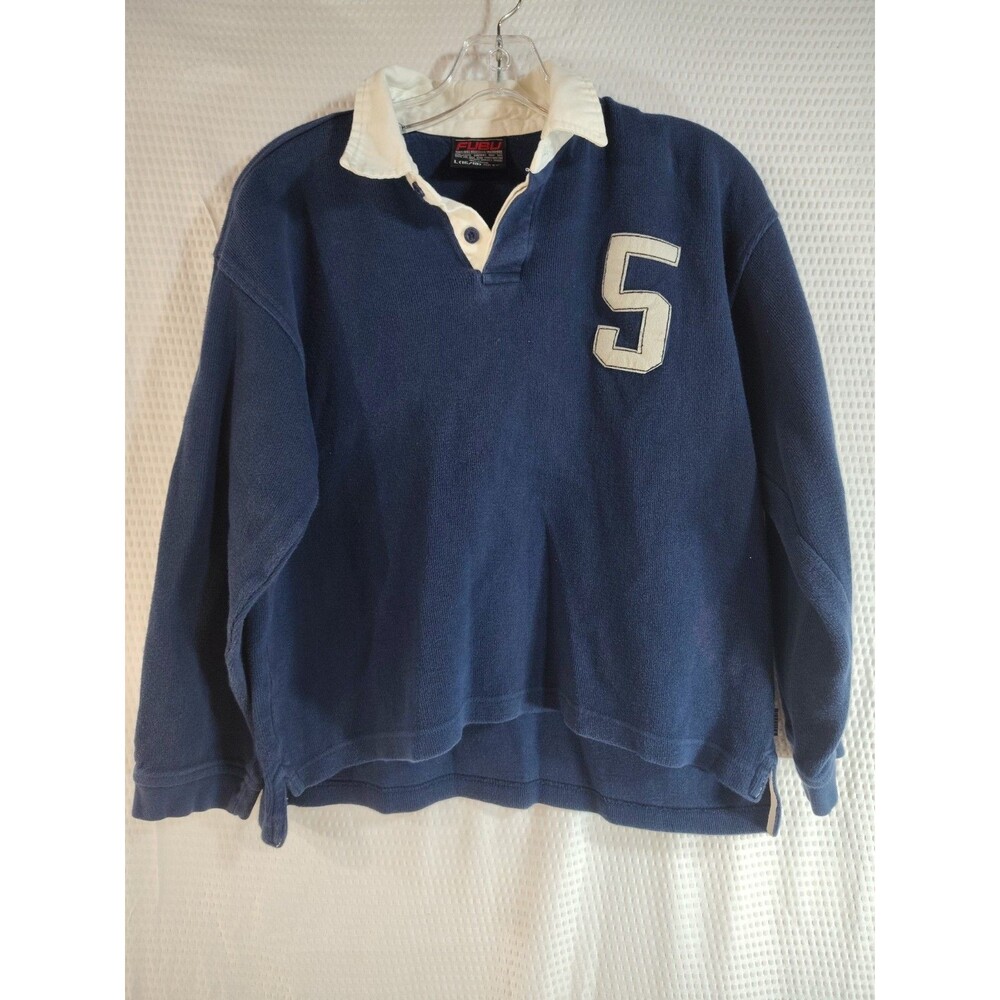 FUBU Boys Navy Long Sleeve Rugby Pullover Spellout Y2K Size Small 16/18 Fubuspor